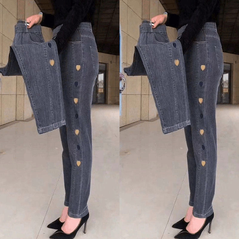 Soraya - Jeans hautement élastiques pour femmes avec broderie de motif cœur