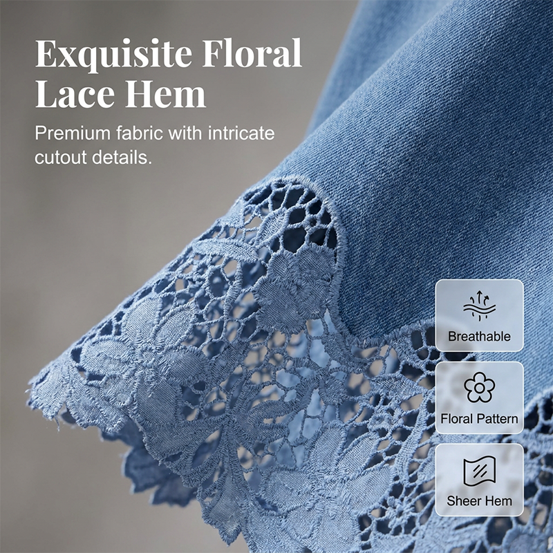 Helynora - Jupe longue denim femme avec bord en dentelle florale