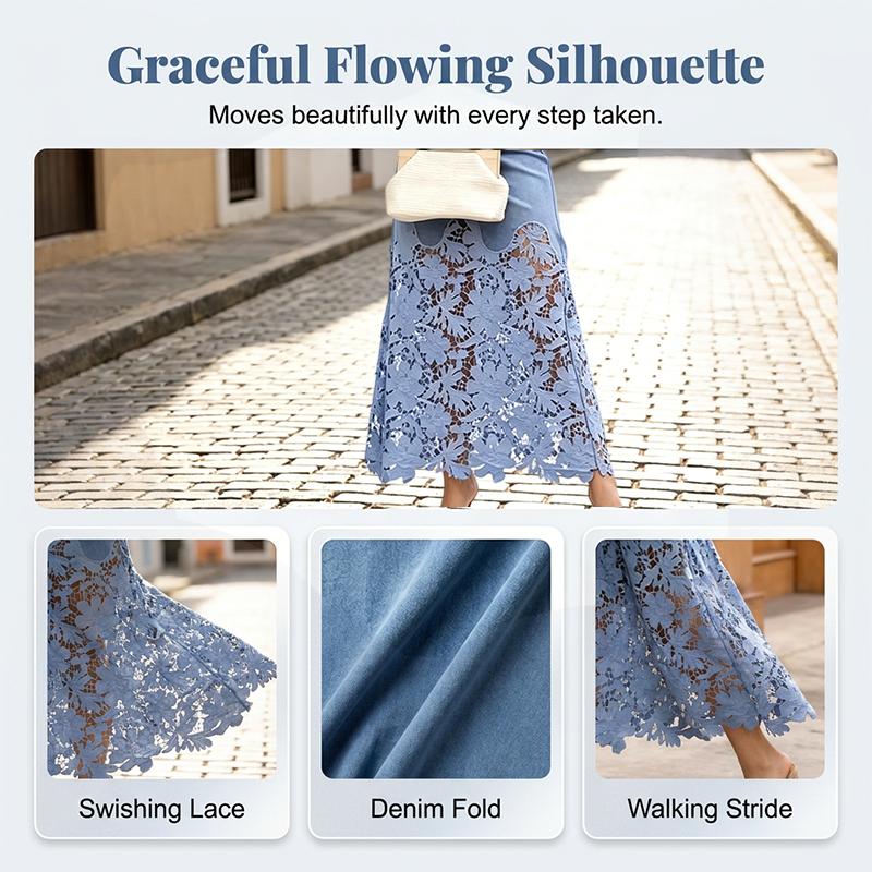 Helynora - Jupe longue denim femme avec bord en dentelle florale