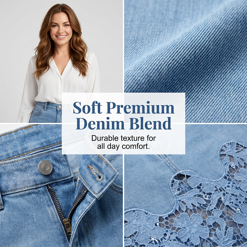 Helynora - Jupe longue denim femme avec bord en dentelle florale