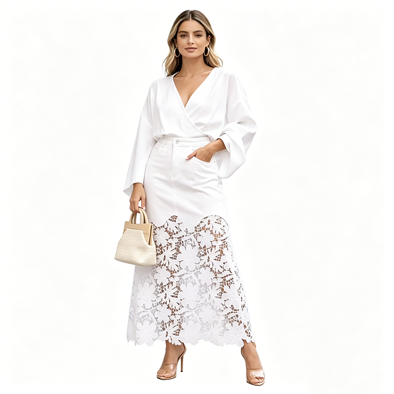 Helynora - Jupe longue denim femme avec bord en dentelle florale