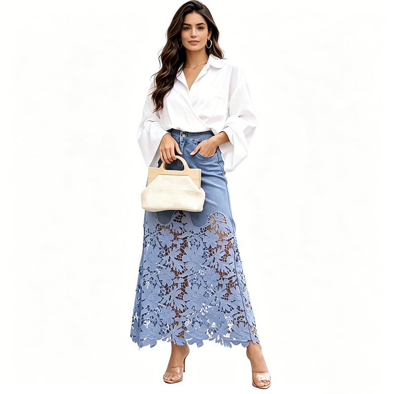 Helynora - Jupe longue denim femme avec bord en dentelle florale