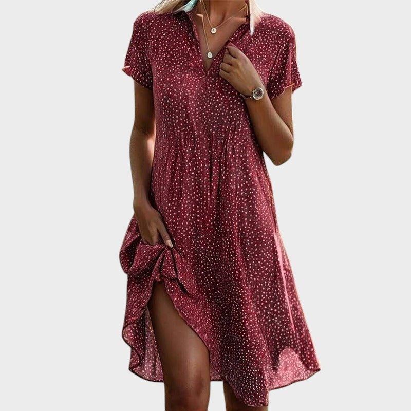 Robe femme midi fluide à pois col V manches courtes élégante été