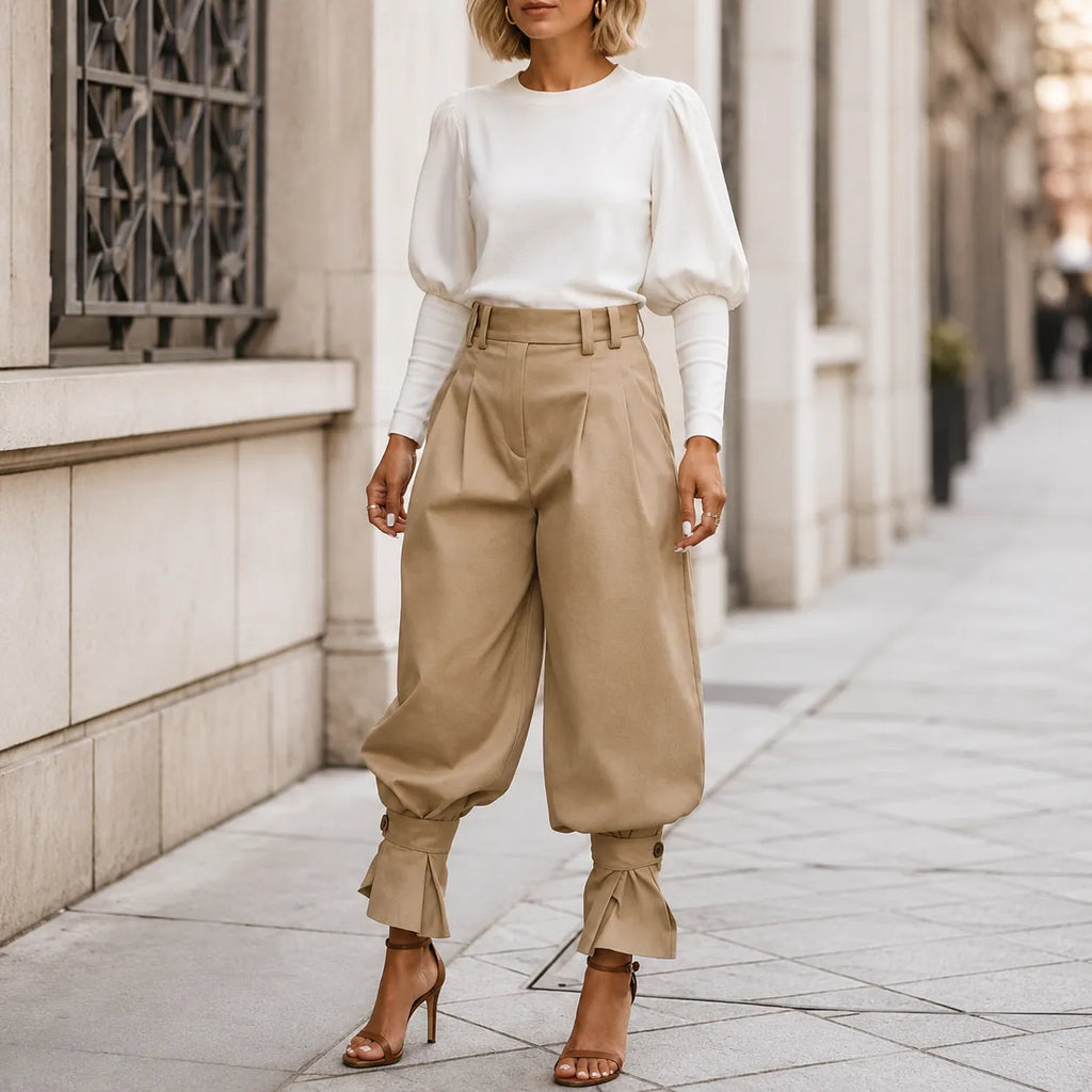 Pantalon Large Femme Marlow – Plissé, Poignets Nœud