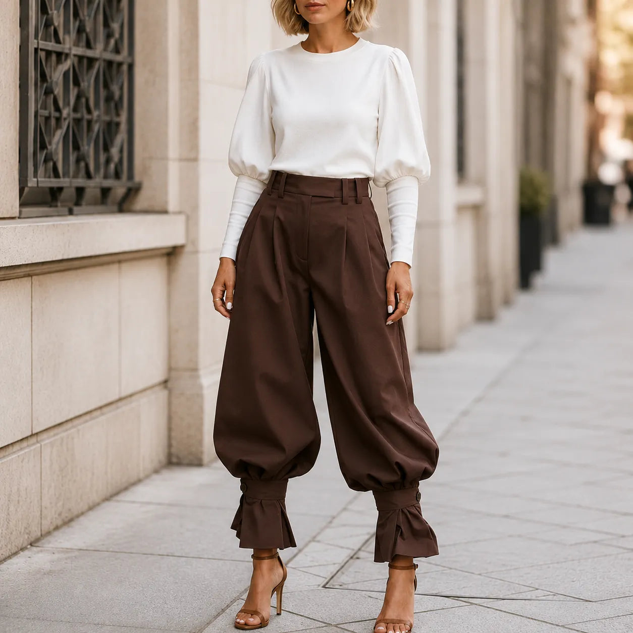 Pantalon Large Femme Marlow – Plissé, Poignets Nœud