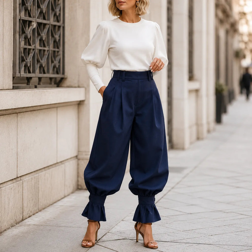 Pantalon Large Femme Marlow – Plissé, Poignets Nœud