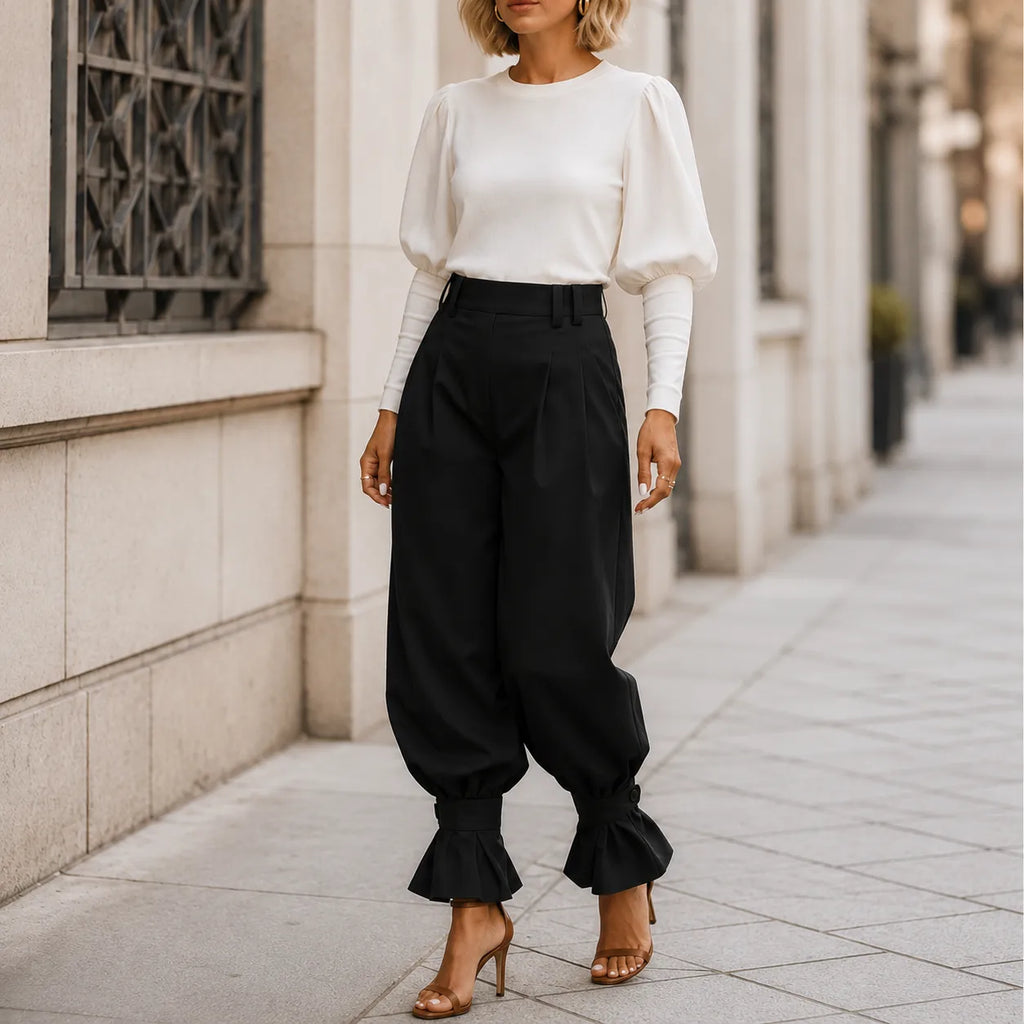 Pantalon Large Femme Marlow – Plissé, Poignets Nœud