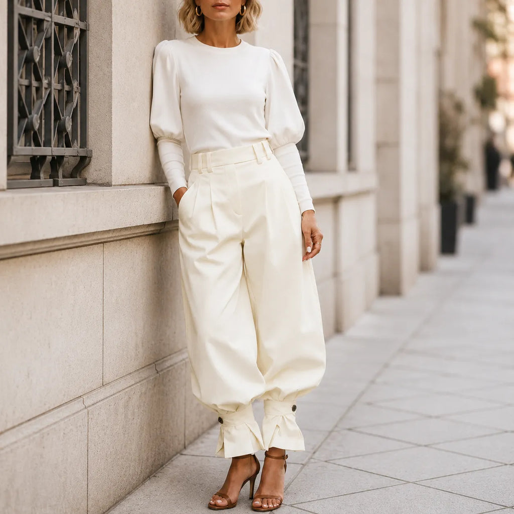 Pantalon Large Femme Marlow – Plissé, Poignets Nœud