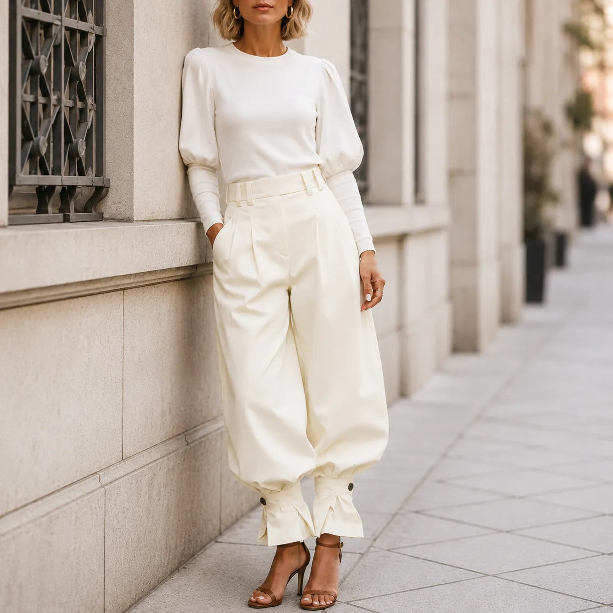 Pantalon Large Femme Marlow – Plissé, Poignets Nœud