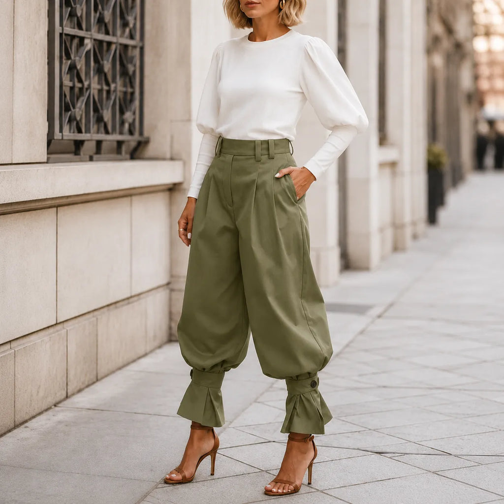 Pantalon Large Femme Marlow – Plissé, Poignets Nœud