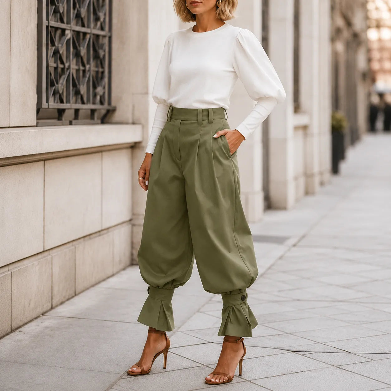 Pantalon Large Femme Marlow – Plissé, Poignets Nœud
