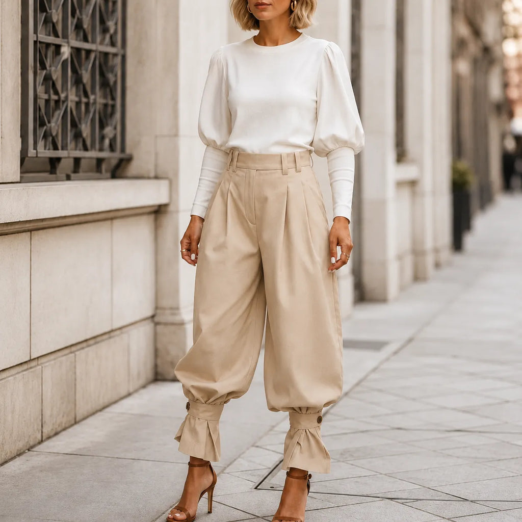 Pantalon Large Femme Marlow – Plissé, Poignets Nœud