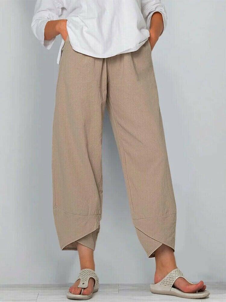 Belythia - Pantalon femme vintage asymétrique taille haute fluide avec poches
