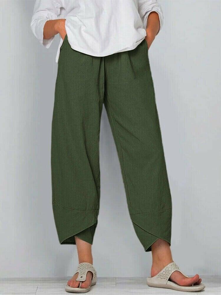 Belythia - Pantalon femme vintage asymétrique taille haute fluide avec poches