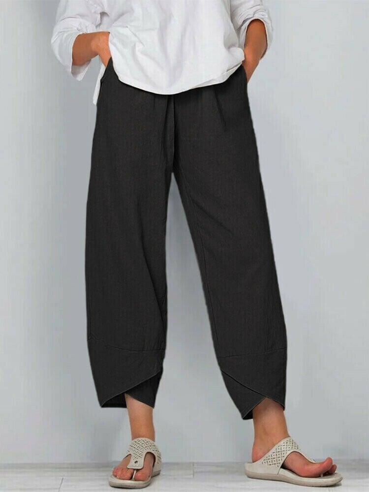 Belythia - Pantalon femme vintage asymétrique taille haute fluide avec poches