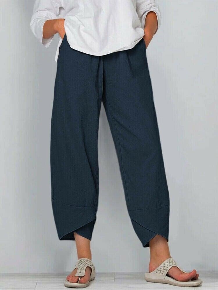 Belythia - Pantalon femme vintage asymétrique taille haute fluide avec poches