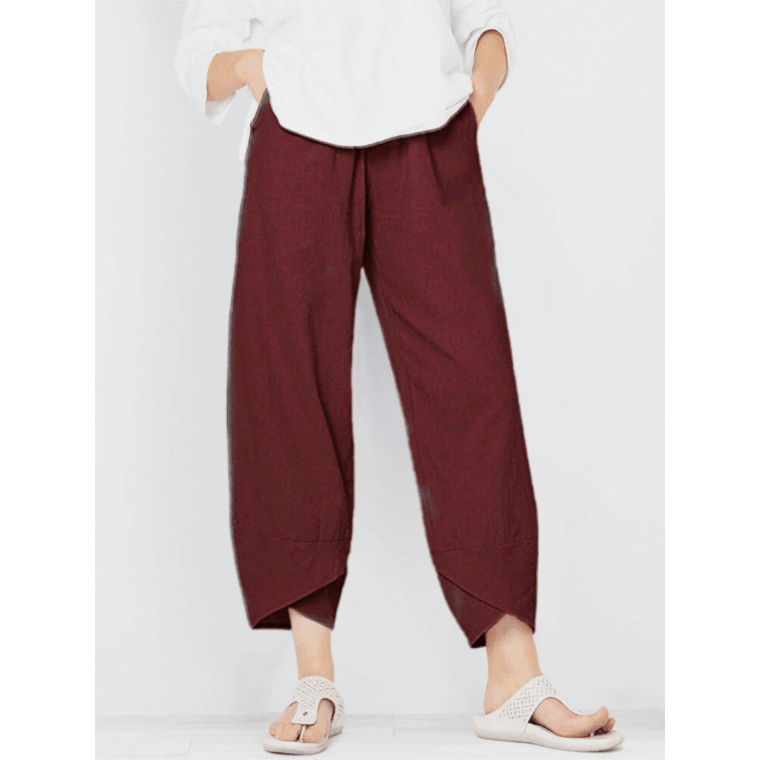 Belythia - Pantalon femme vintage asymétrique taille haute fluide avec poches